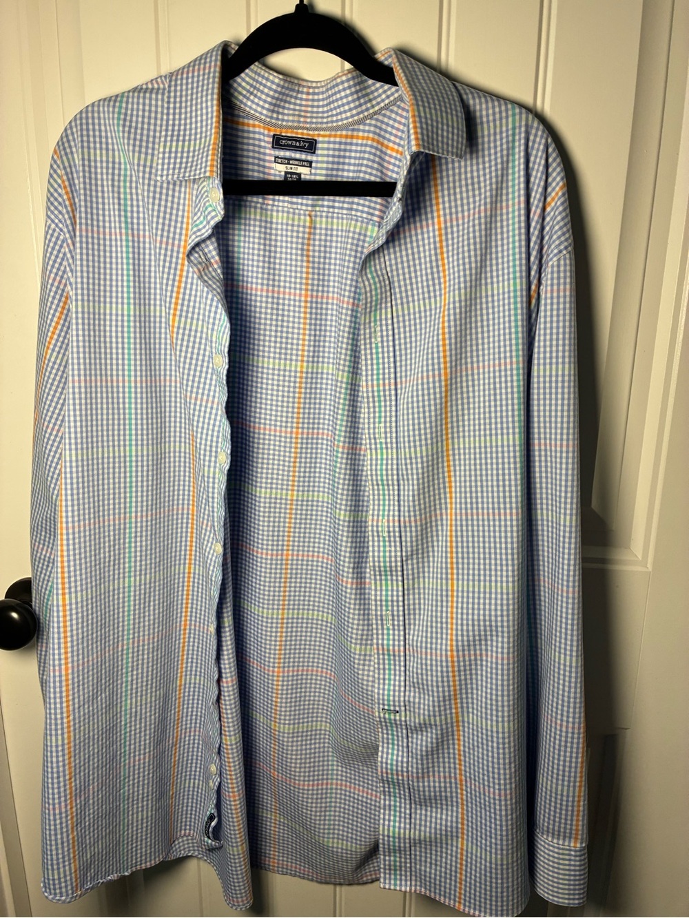 crown & ivy men’s Blue and Orange Plaid Long-Sleeve Button-Down Shirt